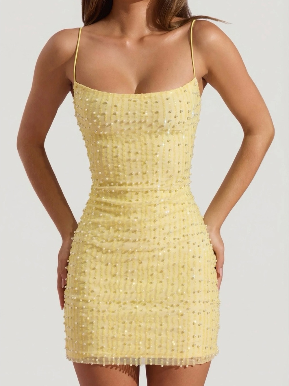 Oh Polly Yellow Beaded Spaghetti-Strap Mini Dress